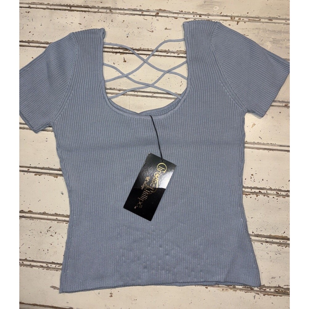 Vintage Christine Phillip L’image NWT Short Sleeve Sweater, Light Blue Medium